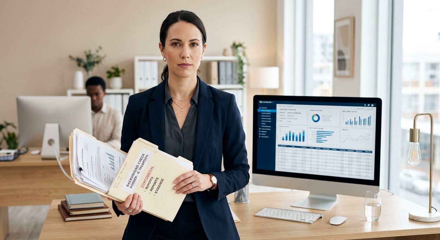 Female private investigator holding background check documents
