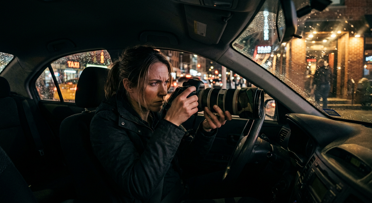 Female private investigator conducting covert surveillance from a car