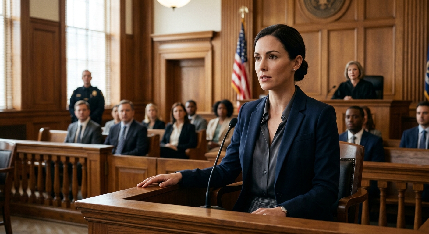 Female private investigator testifying in a courtroom witness stand