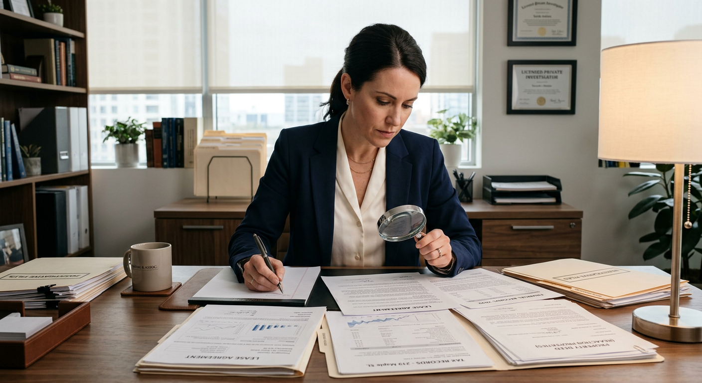 Female private investigator reviewing financial documents and property records