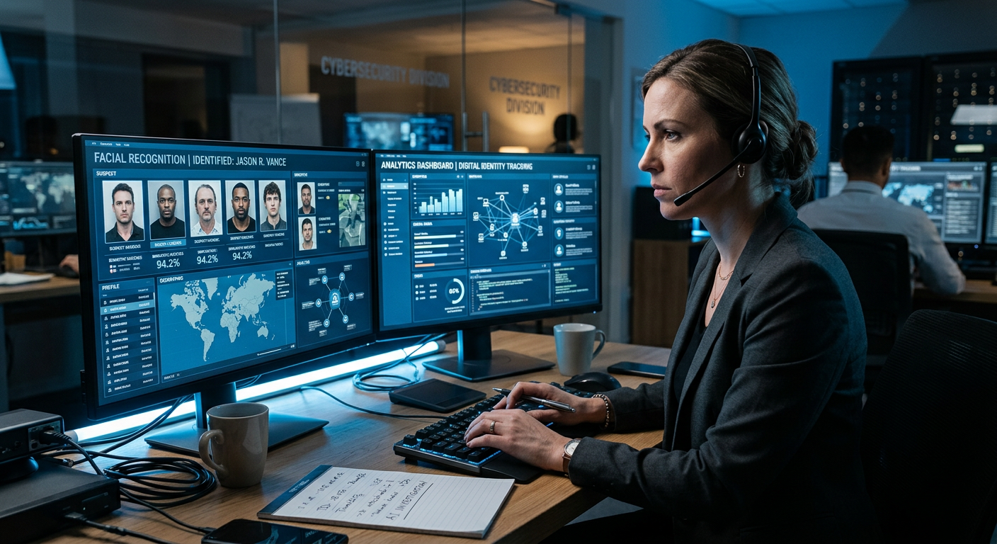 Female private investigator analyzing identity data on multiple screens