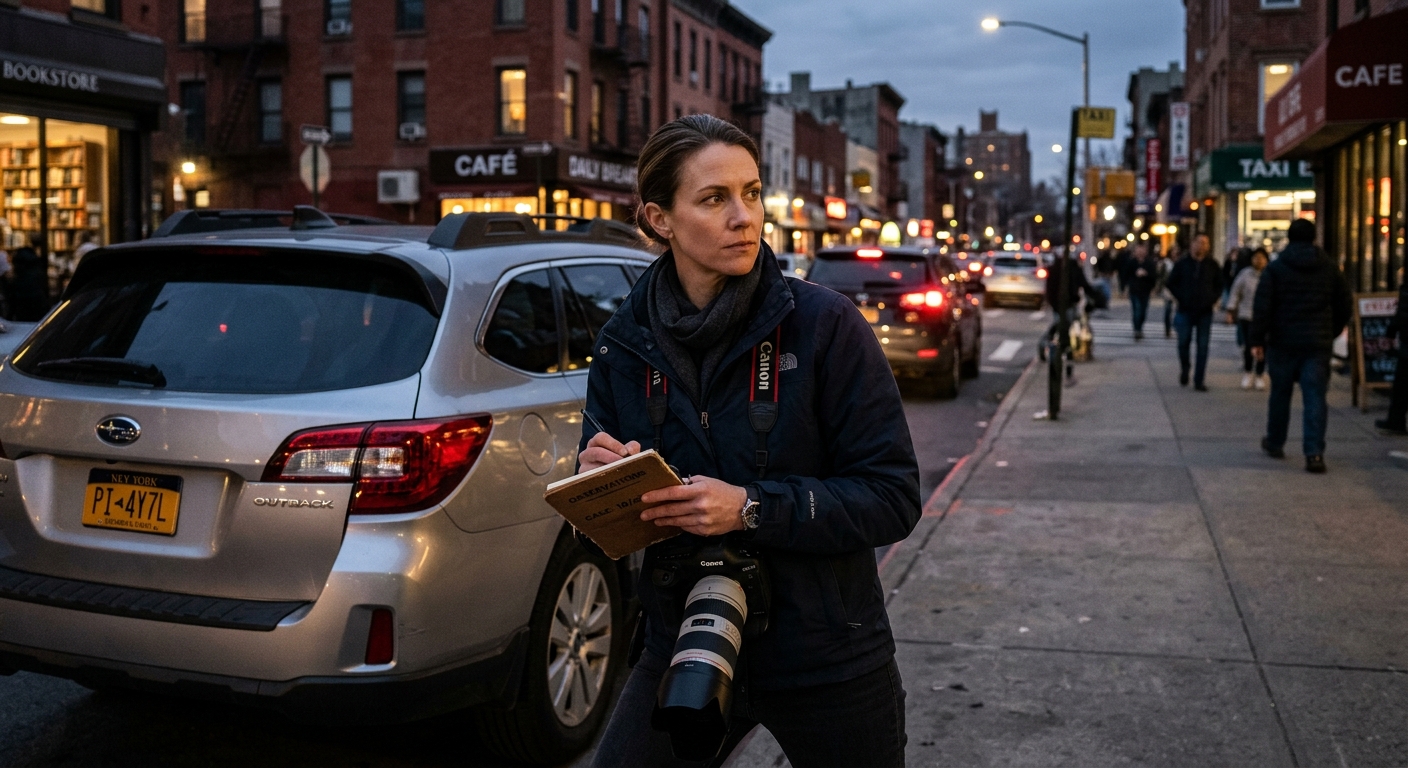 Female private investigator discreetly observing and documenting evidence