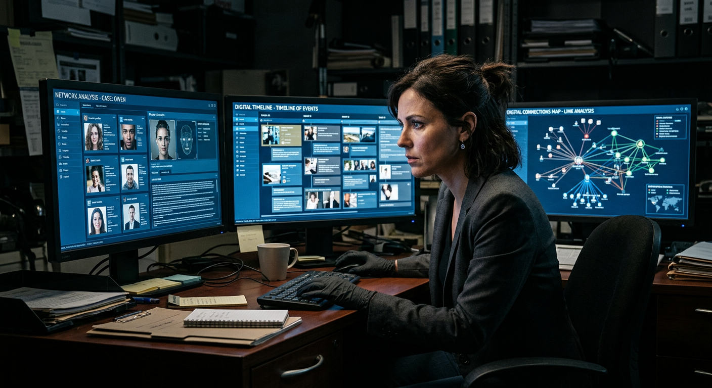 Female private investigator analyzing social media profiles on multiple screens
